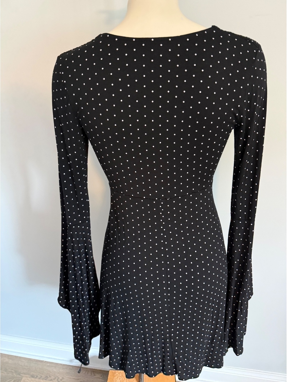 Venus Black Polka Dot Long Sleeve Dress with Flared Sleeves, Size XS - Picture 10 of 11